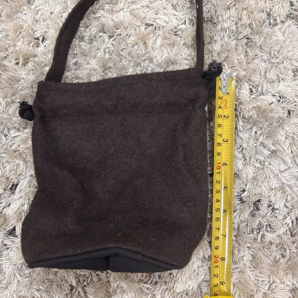 Lot 2 Handmade 100% Wool Felt Drawstring Crossbody Pouches Nepal Brown Olive